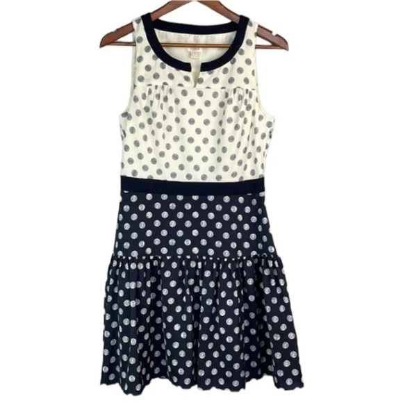 J.CREW Polka Dot Sleeveless Drop Waist Dress Navy Cream Tier Preppy Tennis 4 - Picture 2 of 9
